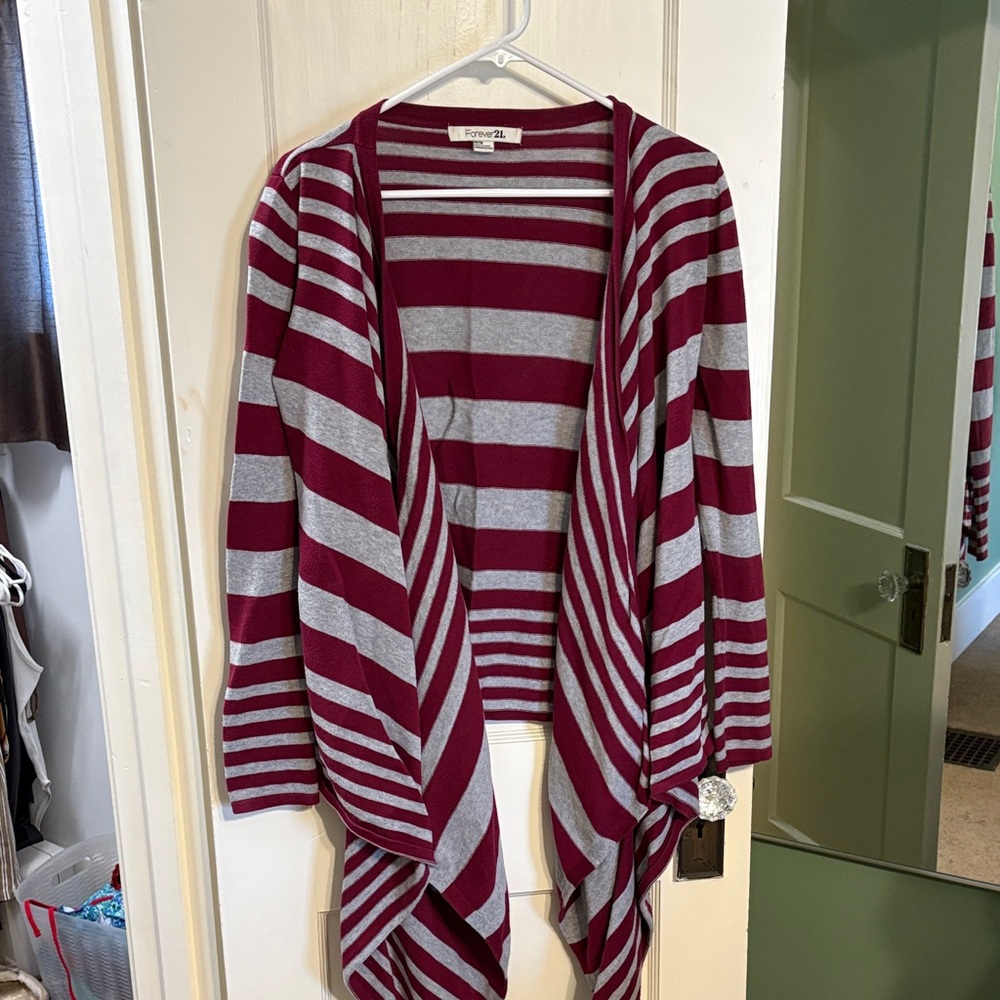 Forever 21 Maroon and Gray Striped Cardigan